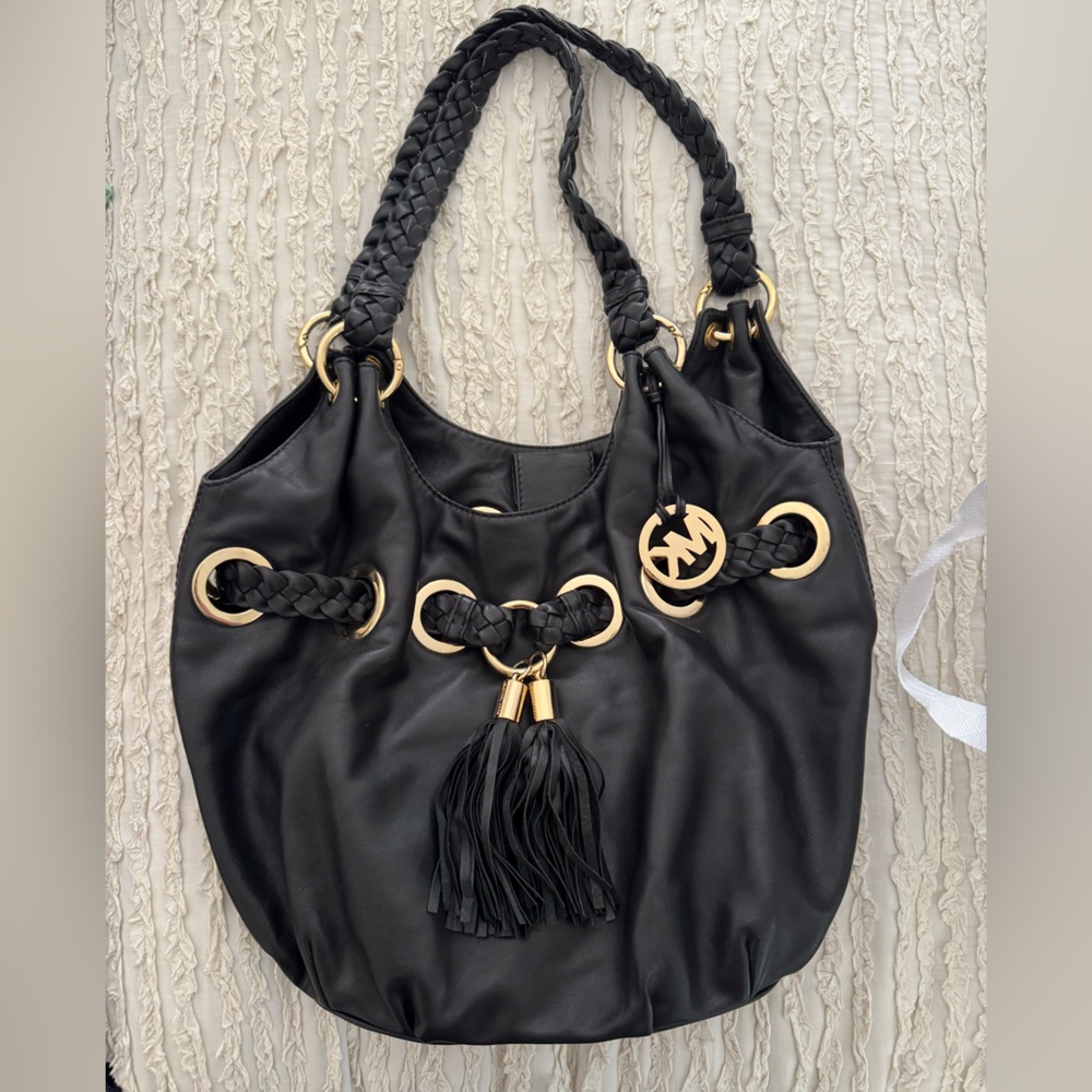Michael Kors Camden Black Leather Tassel Hobo Shoulder Handbag w/ woven straps